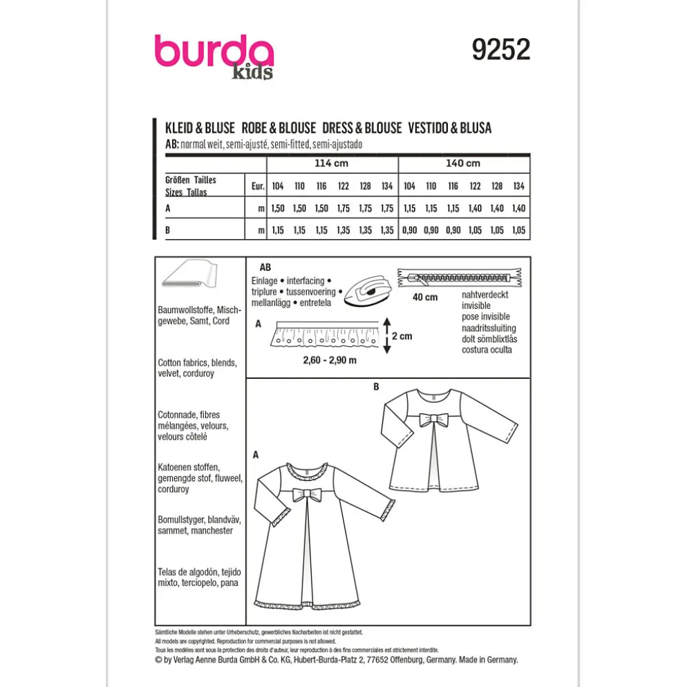 Bluse/kjole Burda kids 9252 str. 104-134