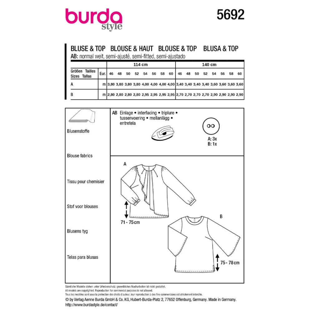 Bluse og T-shirt Burda 5692 str. 46-60