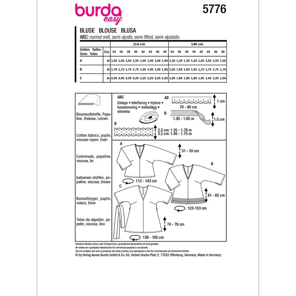 Bluse/Tunika Burda 5776 str. 34-48.