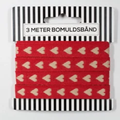 Bomuldsbånd m. hjerter, 3m Blodrød