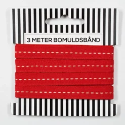 Bomuldsbånd m. stikning, 3m Rød