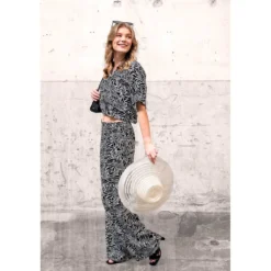 Hør/viscose m/ zebra print Sort