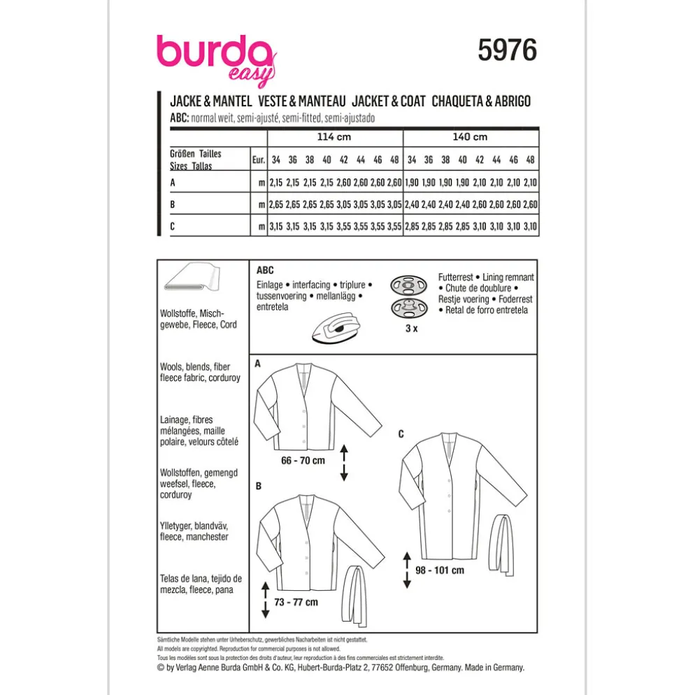 Jakke/frakke Burda 5976 str. 34-48