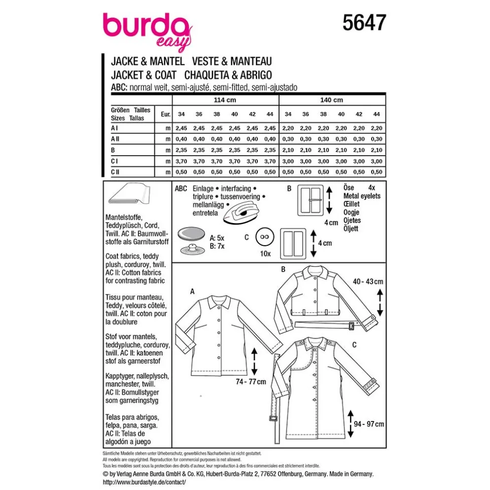 Jakke og frakke Burda 5647 str. 34-44