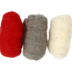 Kartet uld, 3×10 g Rød/hvid/natur