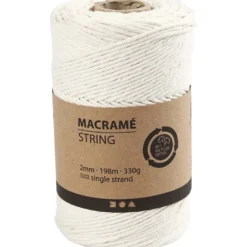Macramé snor, råhvid, L: 198 m, diam. 2 mm, 330 g/ 1 rl.