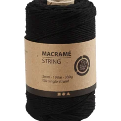 Macramé snor, sort, L: 198 m, diam. 2 mm, 330 g/ 1 rl.