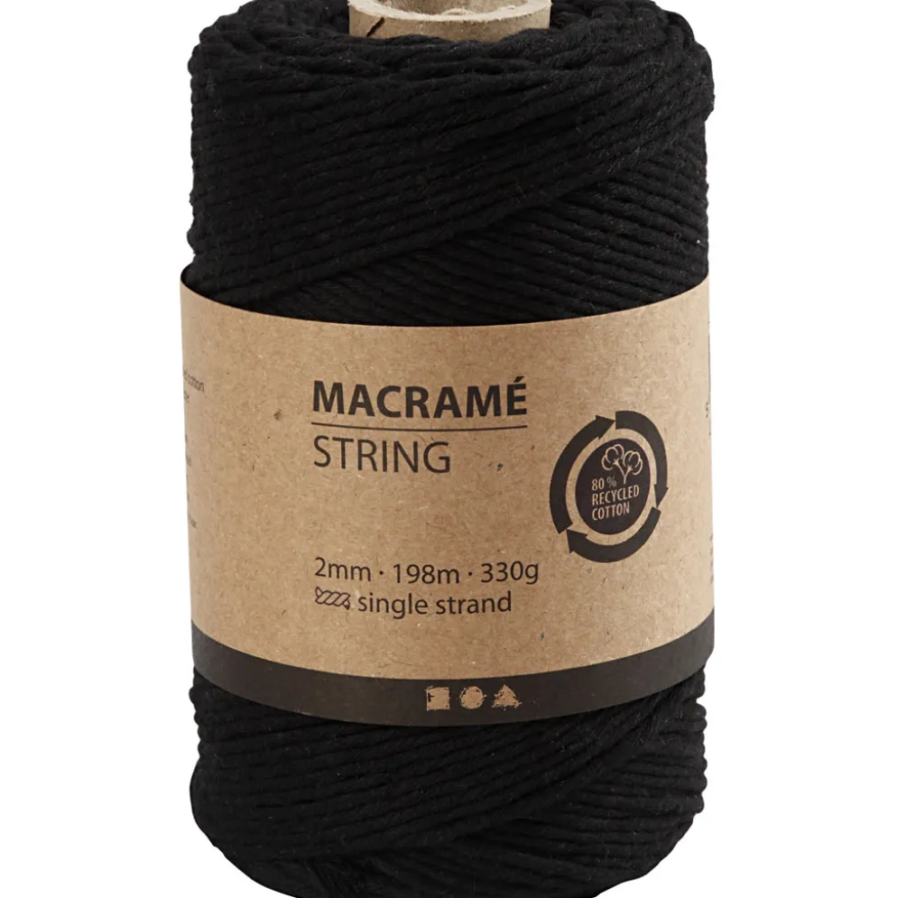 Macramé snor, sort, L: 198 m, diam. 2 mm, 330 g/ 1 rl.