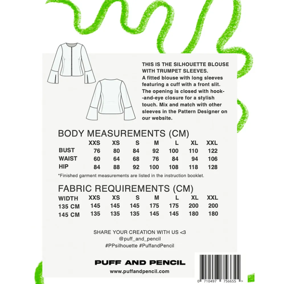 Puff and Pencil Silhouette blouse + trumpet sleeves str. XXS-XXL