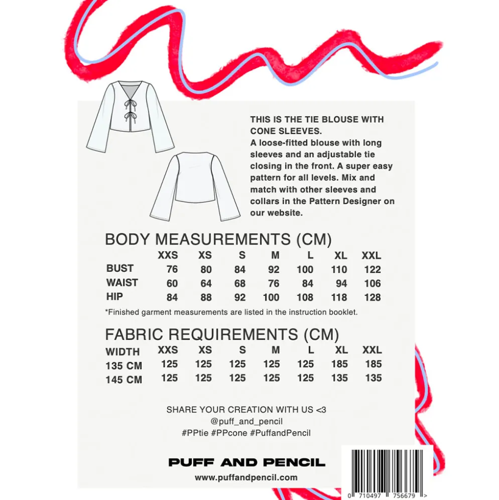 Puff and Pencil Tie blouse + cone sleeves str. XXS-XXL