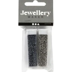 Rocaiperler, sort, mørk grå metallic, diam. 1,7 mm, str. 15/0 , hulstr. 0,5-0,8 mm, 2×7 g/ 1 pk.