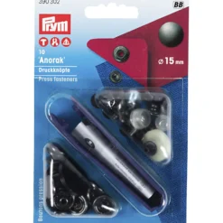 Trykknap anorak 15mm, 10 stk. Sort metal