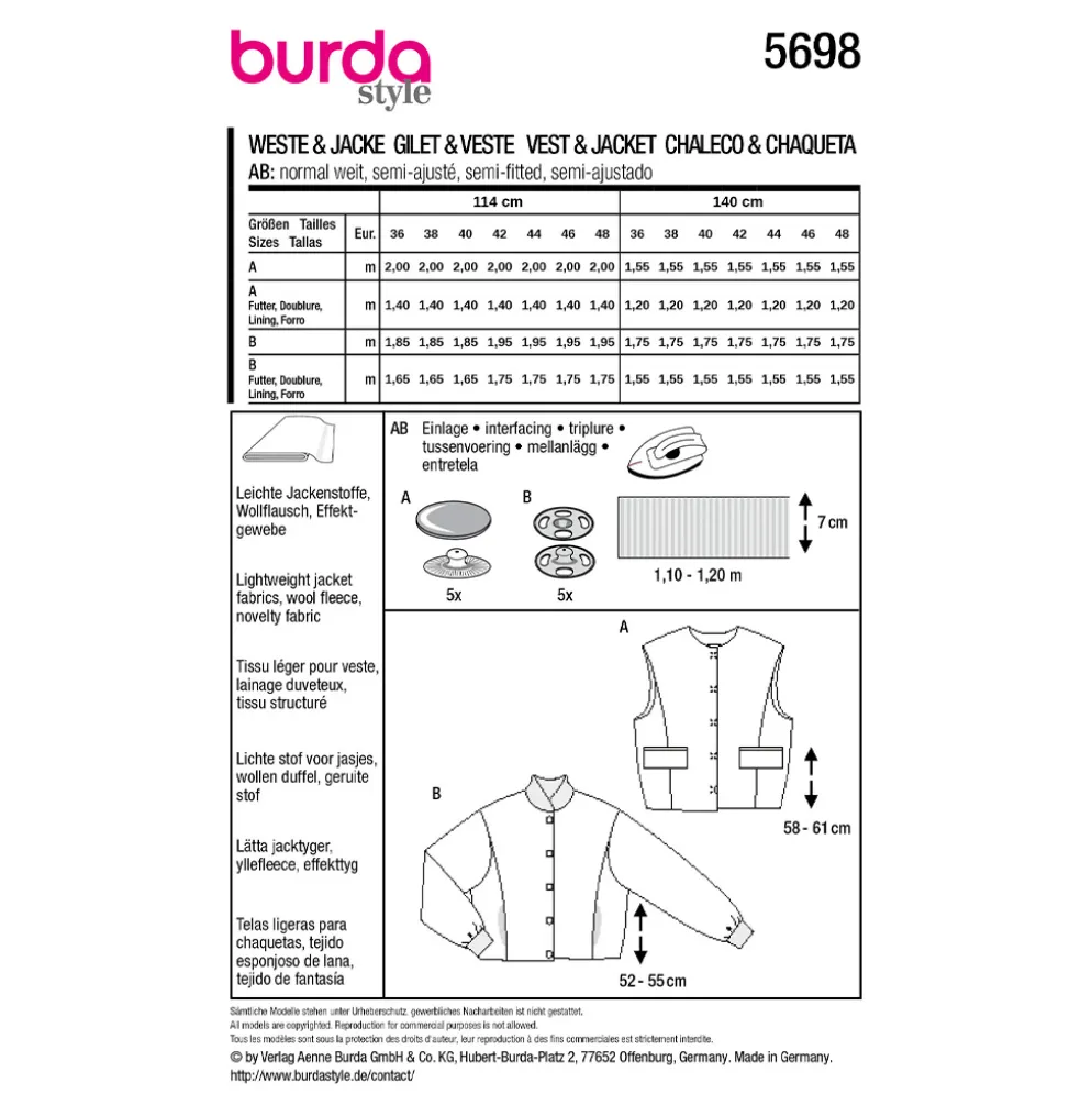 Vest/ jakke Burda 5698 str. 36-48